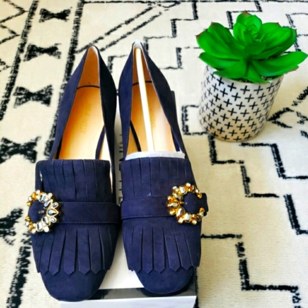 NINE WEST- Navy Blue Jeweled Brooch Suede Loafers- NIB (Never Worn!)